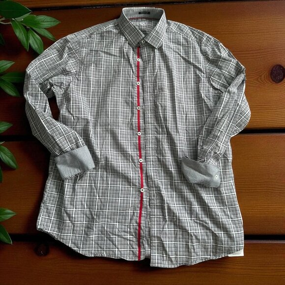 BUGATCHI Men's Black Gray Plaid Button Down Shirt Size 16 1/2 - Picture 1 of 7